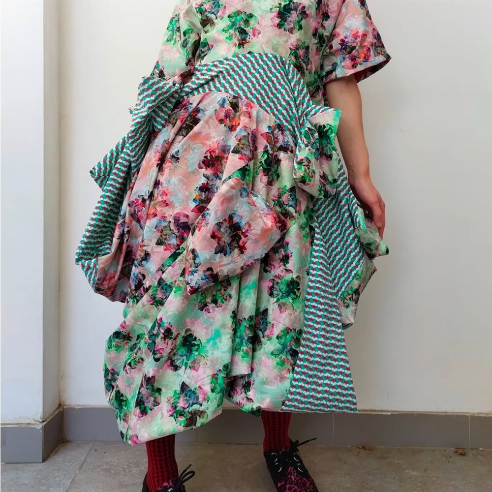 One of a kind! Floral Green & Pink Tiered Midi Dress